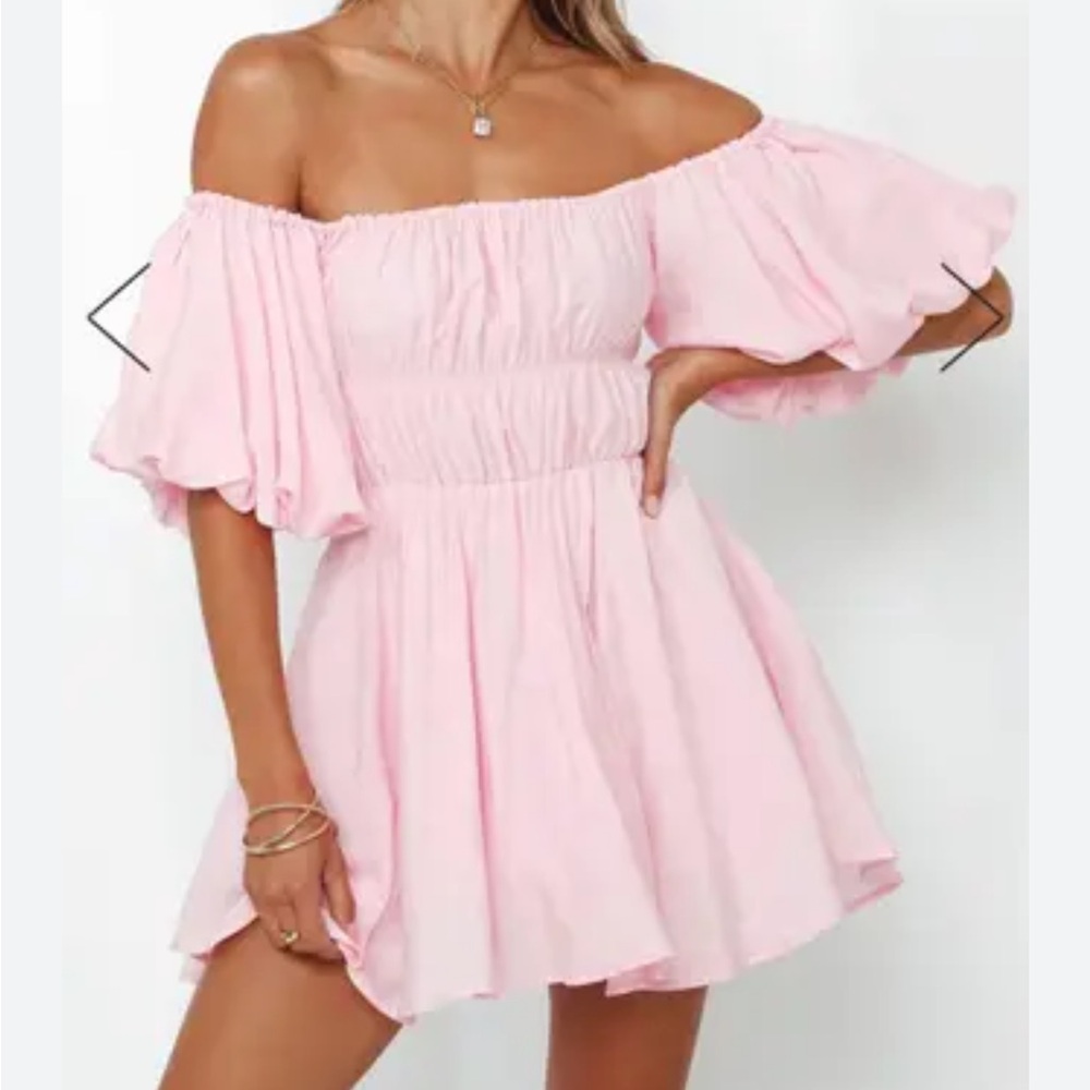 Hello Molly off the shoulder pink dress with a fit and flare skirt.